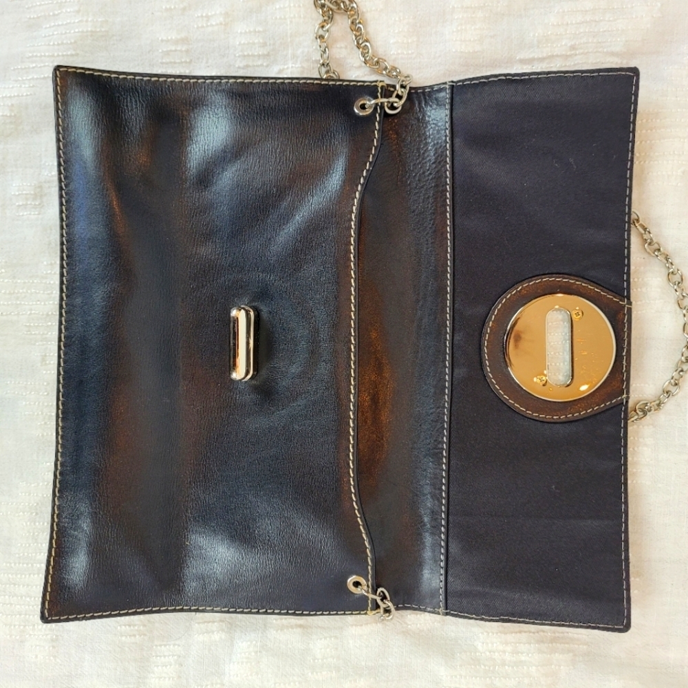 ili New York small black leather envelope clutch silver clasp chain strap edgy - Picture 5 of 9